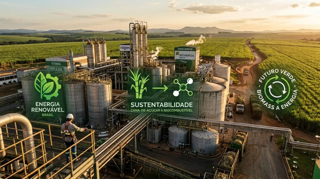 ista aérea de usina de processamento de cana-de-açúcar da Raízen e Bionergia Brasil. Infográfico sobre sustentabilidade, energia renovável e transformação de biomassa em biocombustível no agronegócio