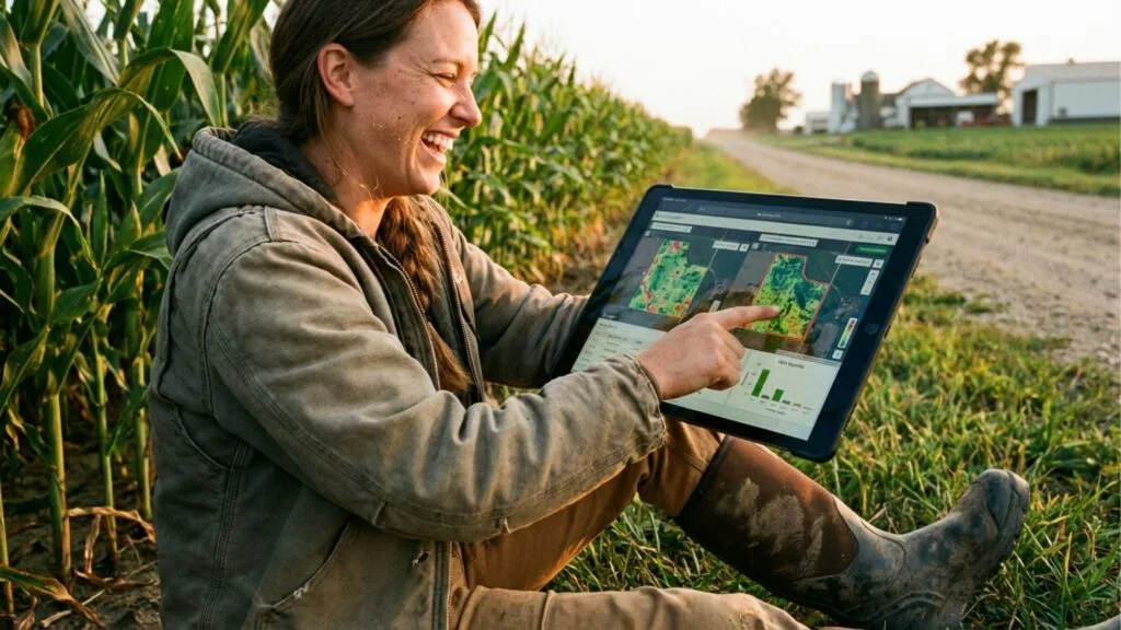 Agricultora sentada no chão de uma plantação de milho, sorrindo e apontando para um mapa de calor de produtividade em um tablet.