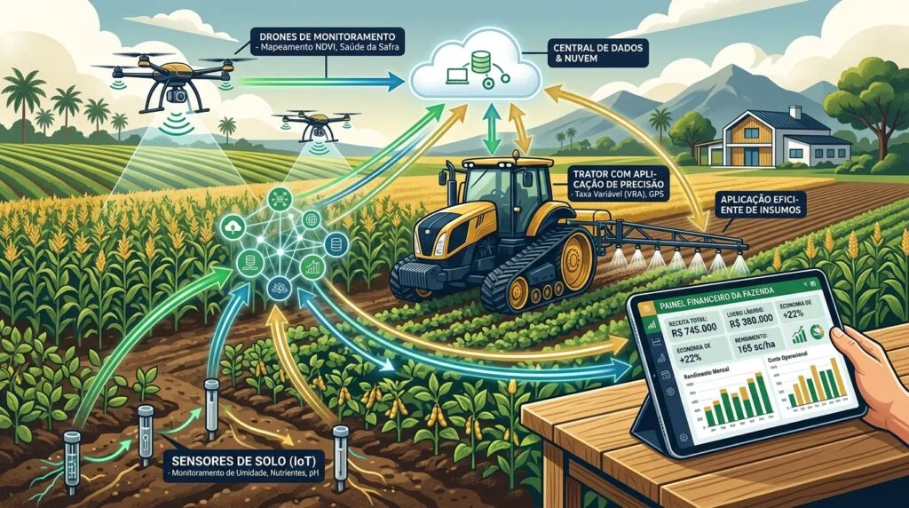 Infográfico ilustrativo sobre agricultura 4.0 mostrando a integração entre drones de monitoramento, sensores de solo IoT, tratores com aplicação de taxa variável e painel financeiro conectado via nuvem.