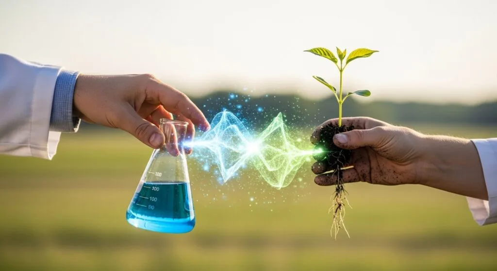 Arte conceitual mostrando a conexão entre a ciência e o campo: a mão de um pesquisador segurando um frasco químico azul conecta-se através de uma onda digital à mão de um agricultor segurando uma muda de planta.