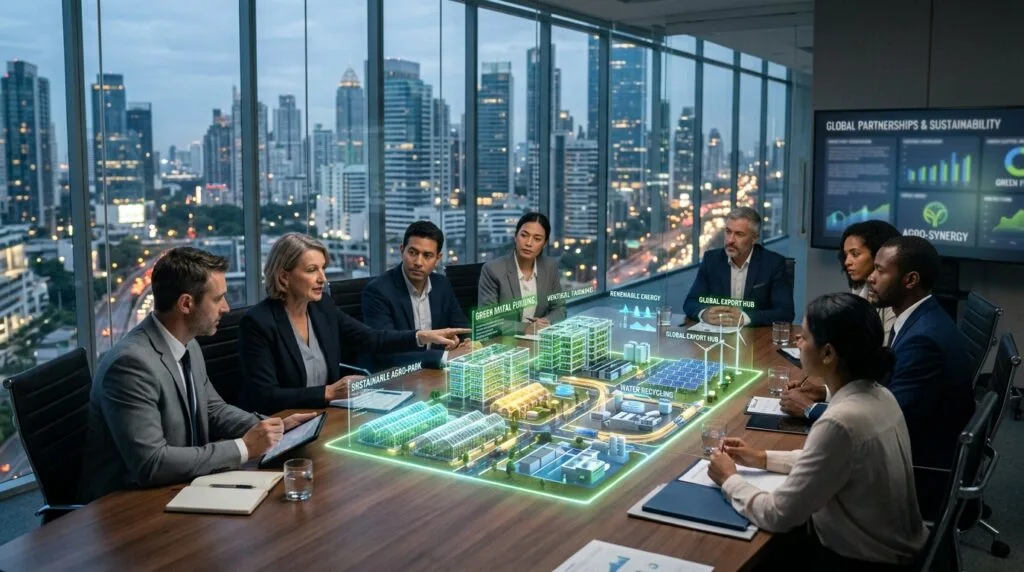 Grupo de executivos em sala de reunião moderna discutindo projeto de parque agroindustrial sustentável através de uma maquete holográfica 3D com energia solar e reciclagem de água.