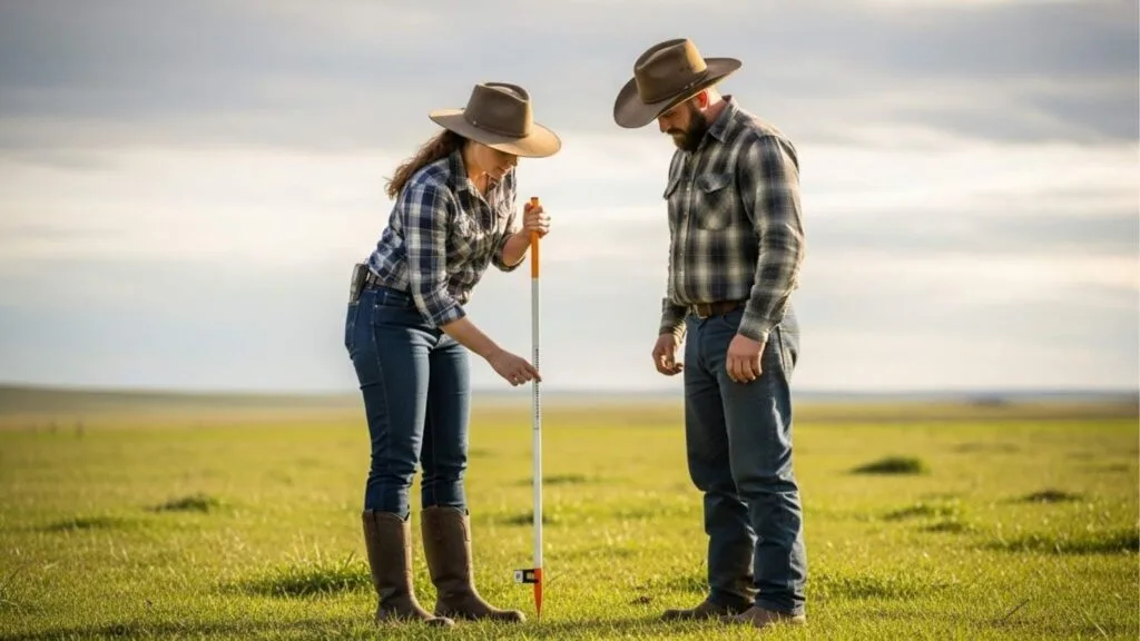 Casal de pecuaristas no campo, vestidos com chapéus e camisas xadrez, utilizando uma régua de manejo para medir a altura ideal do capim