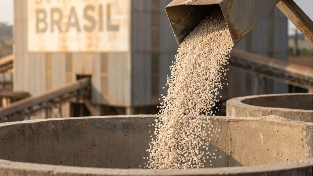 Uma fotografia em close-up de uma instalação de processamento industrial. Uma bica de metal despeja um fluxo constante de grânulos ou sementes de cor creme claro em um grande silo de concreto cilíndrico aberto. A substância forma um monte cônico no fundo do silo. Ao fundo, fora de foco, vê-se a estrutura da fábrica com um grande sinal na parede que diz "BRASIL" em letras maiúsculas. A luz suave e quente sugere o final da tarde.