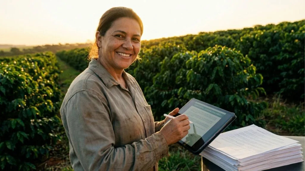 Produtora rural sorridente utilizando tablet e caneta digital para gestão agrícola em uma plantação de café ao pôr do sol, simbolizando a digitalização e o protagonismo feminino no campo.