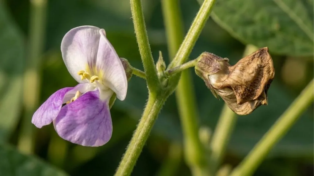 Fotografia em close-up de uma planta de feijão. À esquerda, destaca-se uma flor aberta com pétalas em degradê de branco e violeta vibrante, revelando os estames amarelados no centro. À direita, no mesmo caule verde e levemente peludo, há uma flor murcha e seca, de cor marrom, sinalizando o fim de seu ciclo ou estresse hídrico. O fundo está desfocado em tons de verde.
