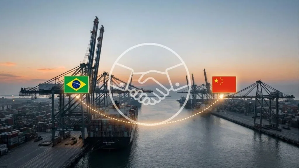 Uma vista aérea panorâmica de um porto de contêineres movimentado ao pôr do sol, com guindastes altos alinhados ao longo da costa e navios de carga atracados. Sobreposta à cena está uma representação gráfica que simboliza a parceria comercial: no lado esquerdo, a bandeira do Brasil; no lado direito, a bandeira da China. As duas bandeiras estão conectadas por uma linha pontilhada em arco que passa por baixo de um grande ícone central de um aperto de mão, tudo emoldurado por um círculo branco. A luz quente do sol poente ilumina a água e as estruturas portuárias.