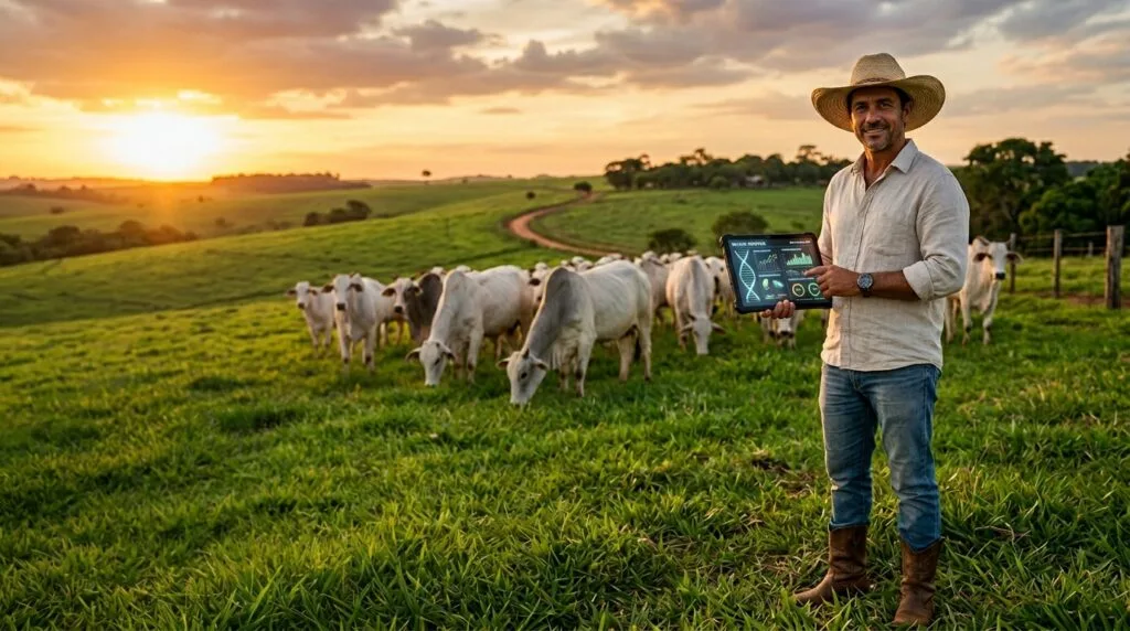 Produtor rural segurando um tablet com dados de análise genômica em frente a um rebanho de gado Nelore em uma fazenda sustentável.