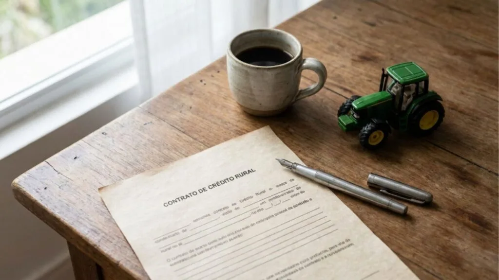 Close de um contrato de crédito rural sobre mesa de madeira com uma caneta-tinteiro, xícara de café e miniatura de trator verde, representando financiamento agrícola e planejamento de safra.