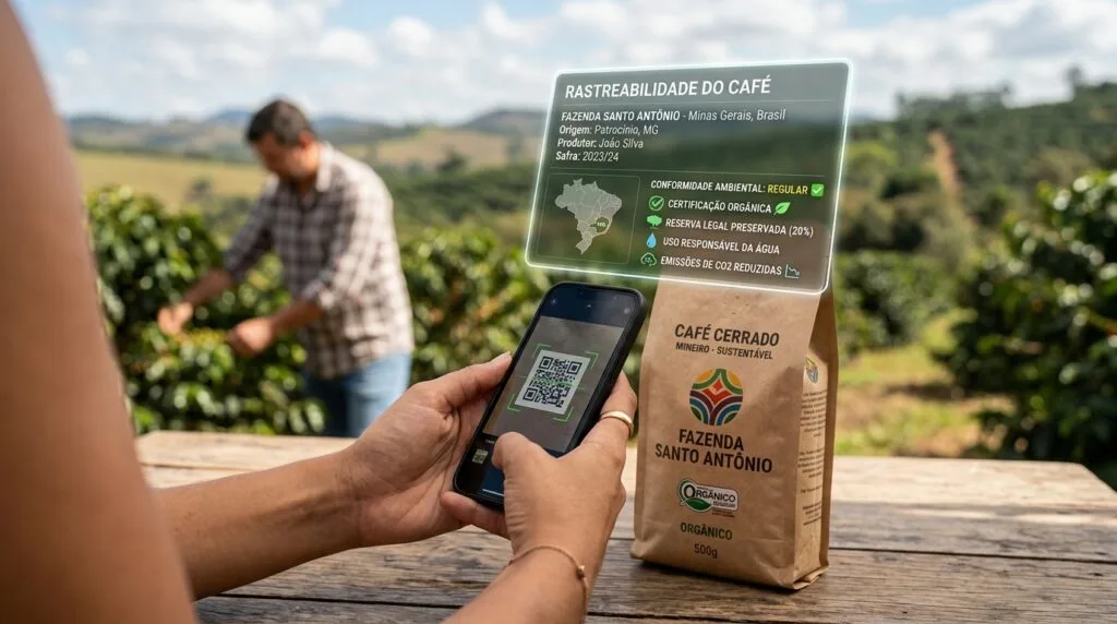 Smartphone escaneando QR Code em embalagem de café da Fazenda Santo Antônio, Minas Gerais. Interface digital exibe dados de rastreabilidade, certificação orgânica e conformidade ambiental do produto.