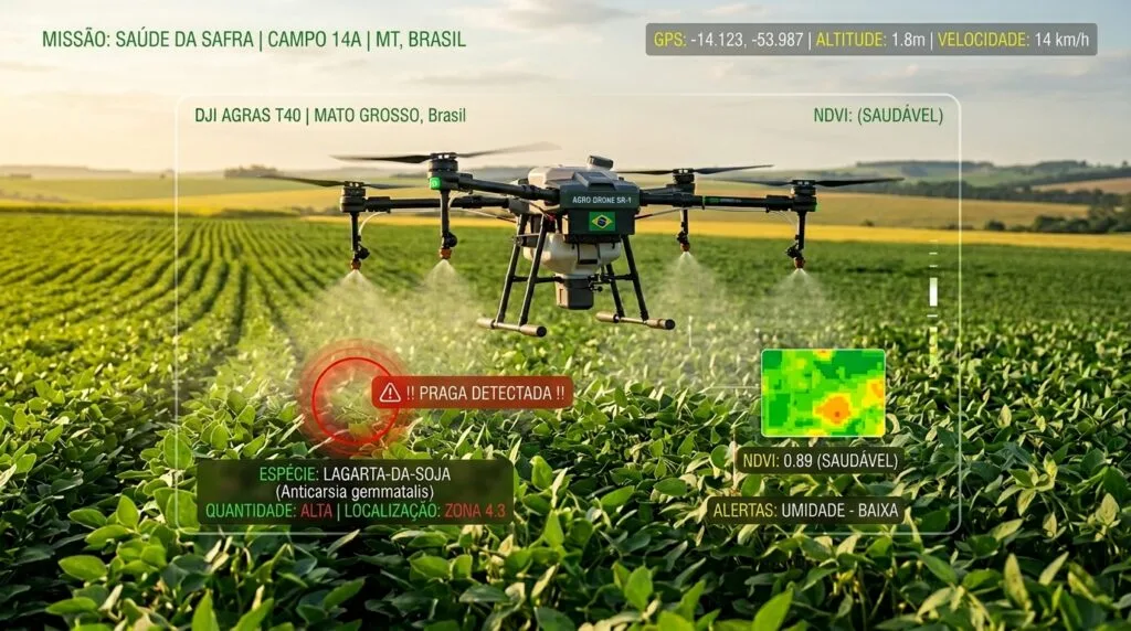 Close de um drone agrícola DJI Agras T40 aplicando defensivos em uma lavoura de soja. O infográfico digital destaca a detecção da praga Lagarta-da-soja e mapa de calor NDVI indicando saúde da safra