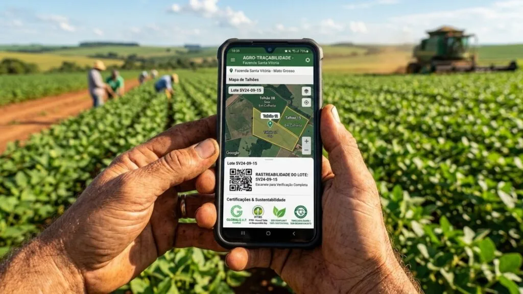 Mãos de produtor rural segurando smartphone com aplicativo de agro-rastreabilidade aberto, exibindo mapa de talhões e selos de certificação sustentável em uma plantação de soja.