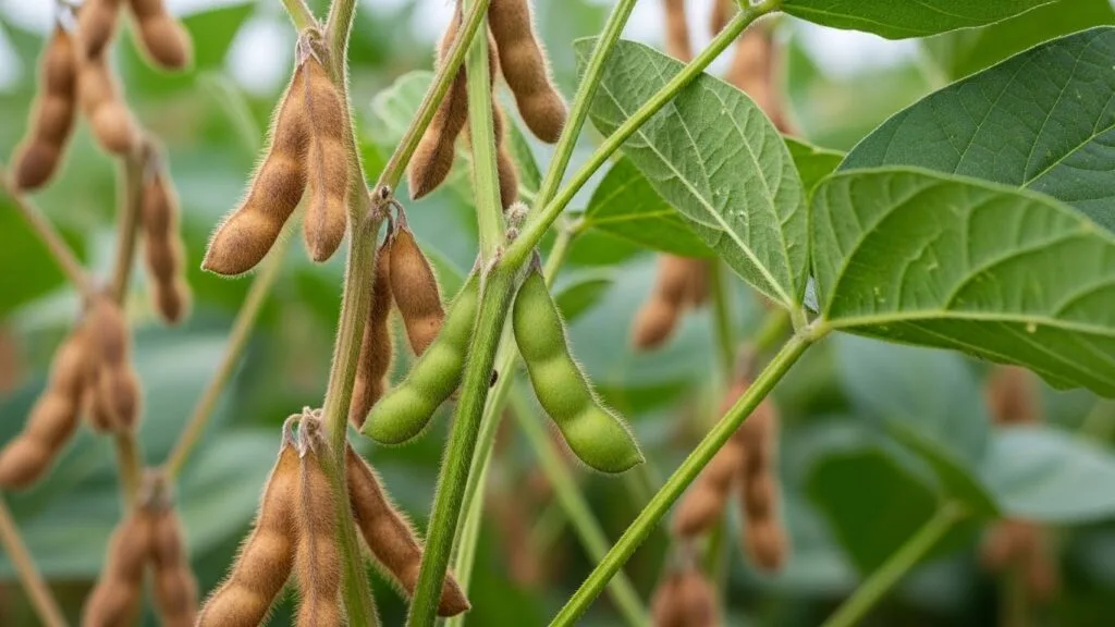 Detalhe macro de vagens de soja ainda verdes e aveludadas no pé, cercadas por folhas saudáveis, representando a fase de enchimento de grãos.