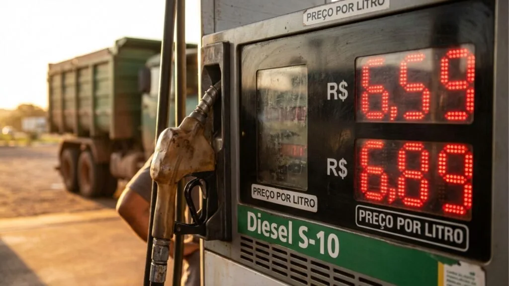 Close de bomba de combustível em posto de abastecimento exibindo preço do Diesel S-10 em Reais (R$), com caminhão de carga embaçado ao fundo durante o pôr do sol.