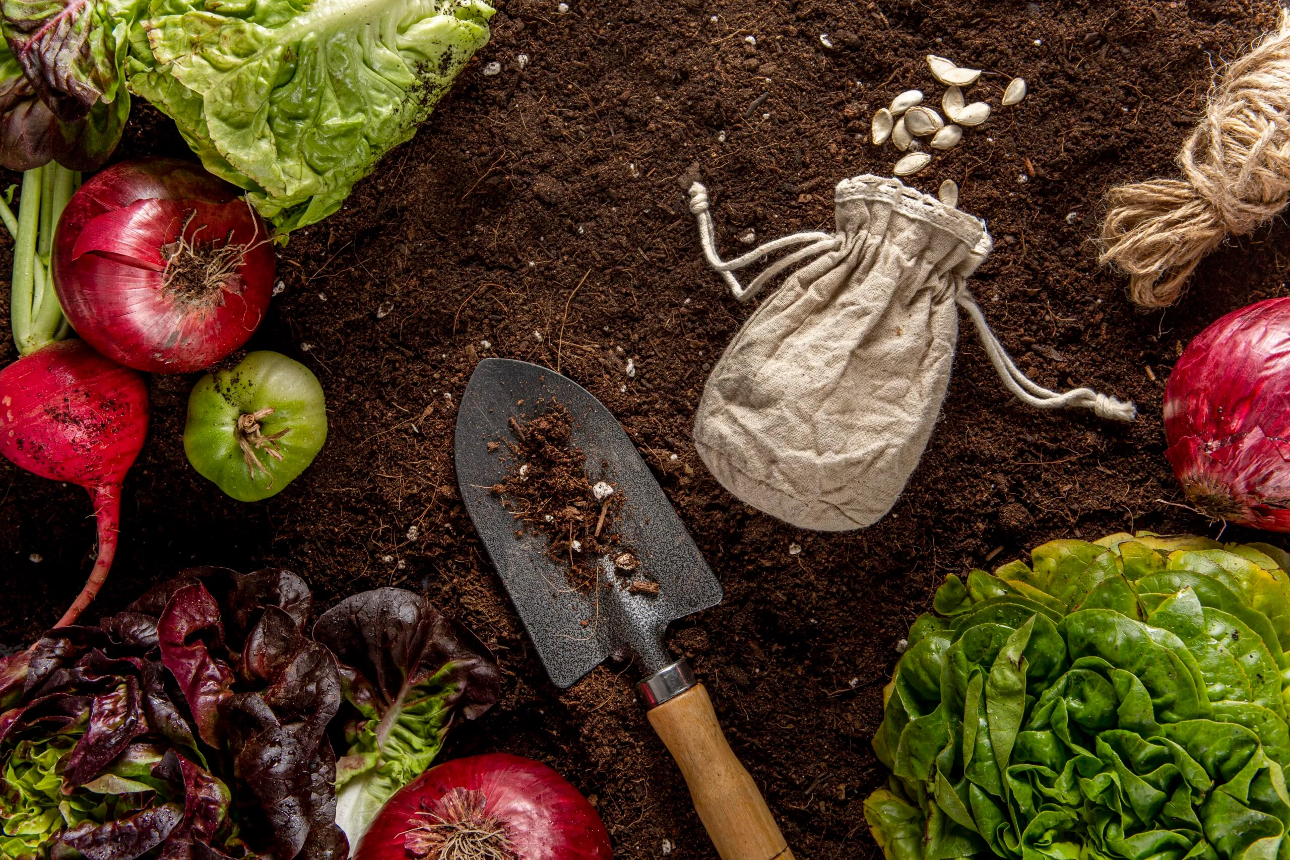 Ferramenta de jardinagem sobre solo com sementes e vegetais frescos como alface, cebola e beterraba ao redor.