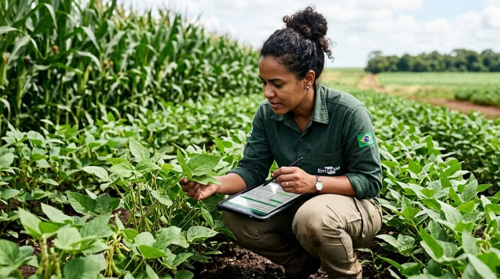 Engenheira agrônoma da Embrapa com tablet realizando monitoramento de pragas e saúde foliar em plantação de soja verde, com milharal ao fundo em dia ensolarado.