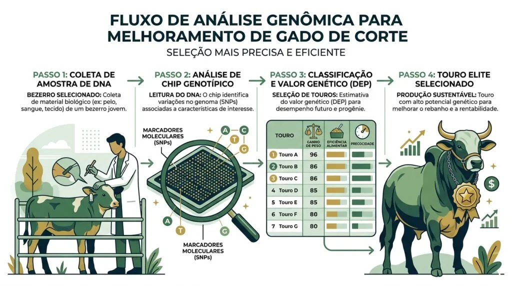 Infográfico detalhando o fluxo de análise genômica para gado de corte: da coleta de DNA e chip genotípico à seleção de touros elite com base em DEPs.