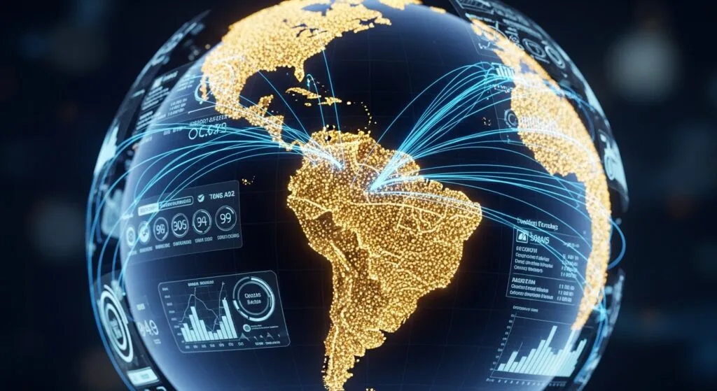 Representação digital futurista do globo terrestre com o mapa da América do Sul em destaque dourado, de onde saem linhas de conexão azuis para outros continentes, simbolizando a exportação global e o mercado de commodities.