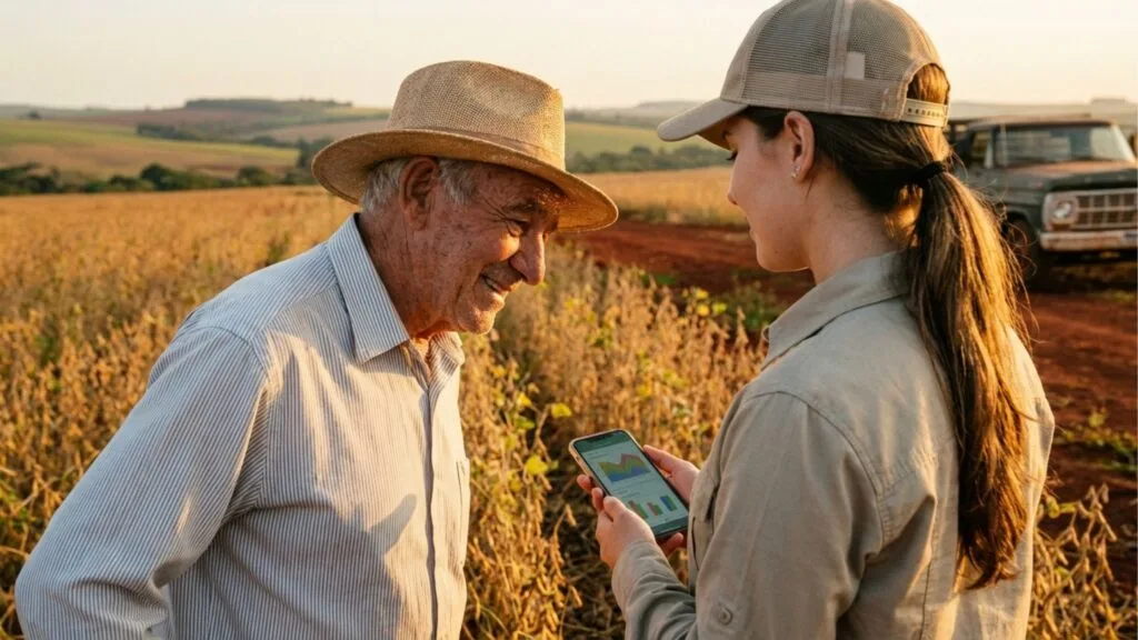 Mulher jovem mostrando gráficos de produção em um smartphone para um agricultor idoso em uma plantação ao pôr do sol.