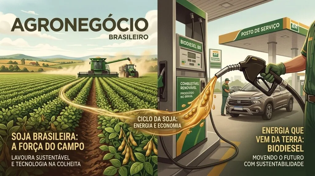 Infográfico sobre o agronegócio brasileiro mostrando o ciclo da soja, desde a colheita mecanizada em campo sustentável até o abastecimento de um carro com biodiesel em um posto de serviço.