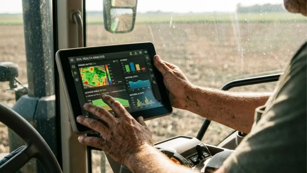 Close-up de agricultor utilizando tablet dentro de um trator para monitorar análise de solo. A tela exibe gráficos de níveis de nitrogênio, atividade microbiana e mapa de calor da fazenda.