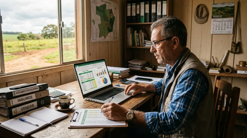 Produtor rural em escritório de fazenda analisando planilhas de gestão financeira, insumos e vendas no notebook, com pastas de documentos organizadas sobre a mesa de madeira.