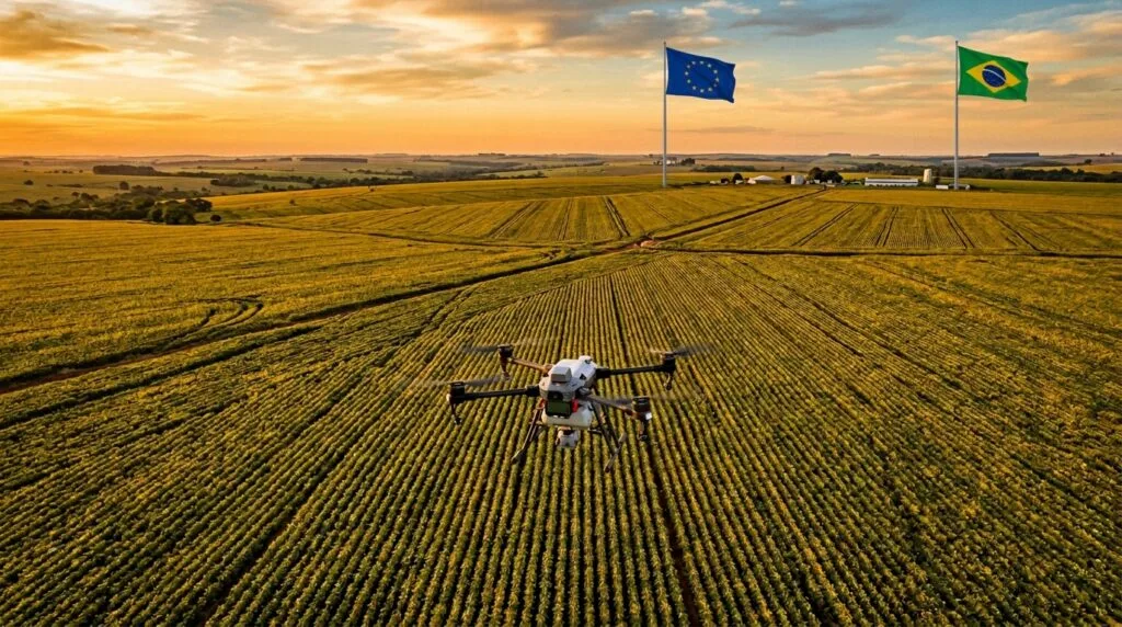 Drone agrícola sobrevoa vasta plantação de soja ao pôr do sol com as bandeiras da União Europeia e do Brasil hasteadas lado a lado, simbolizando a parceria comercial entre os blocos.