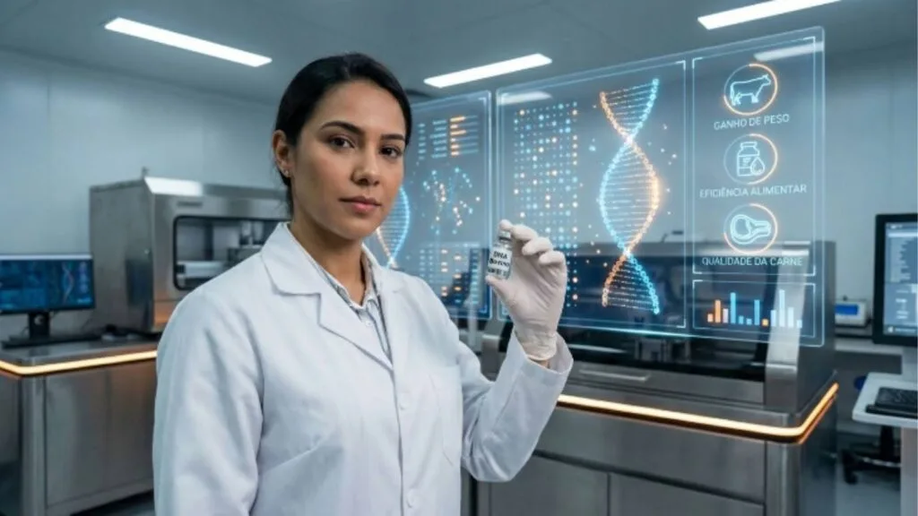 Uma cientista com um jaleco branco e luvas descartáveis em um laboratório de biotecnologia moderno. Ela segura um pequeno frasco de vidro transparente rotulado "DNA Bovino" e olha para a câmera. Ao fundo, telas transparentes futuristas exibem gráficos flutuantes de dupla hélice de DNA e ícones relacionados à pecuária, incluindo "Ganho de peso", "Eficiência Alimentar" e "Qualidade da Carne", sugerindo pesquisa e melhoramento genético.
