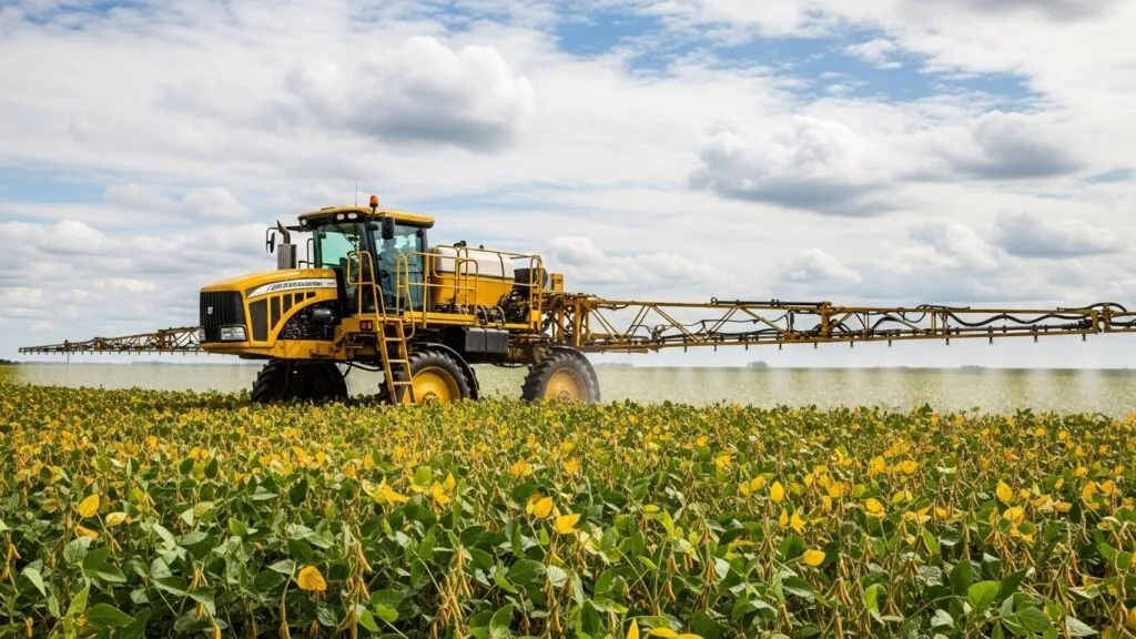 Um grande pulverizador amarelo autopropelido aplicando defensivos agrícolas em uma lavoura de soja florida, sob um céu com nuvens brancas.