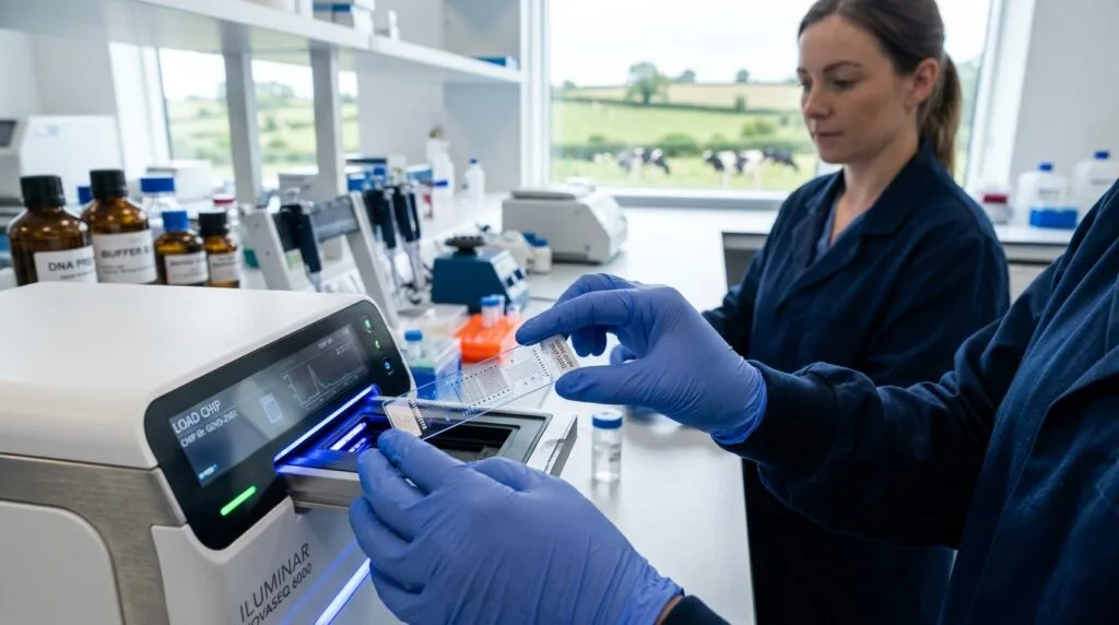 Especialista em laboratório inserindo um chip de DNA em um sequenciador para análise de marcadores moleculares na pecuária de precisão.