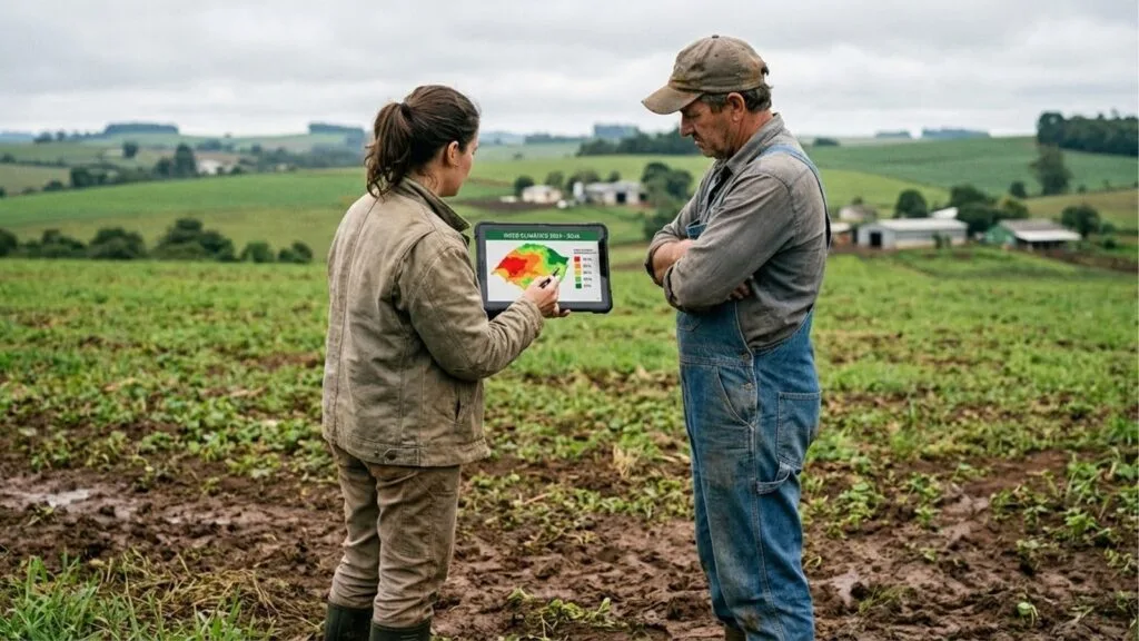 Dois agricultores, um homem e uma mulher, estão em pé em um campo cultivado sob um céu nublado. A mulher está de costas, segurando um tablet que exibe um mapa de risco climático colorido (em tons de verde, amarelo e vermelho) da região do Rio Grande do Sul. Ela aponta para o dispositivo enquanto o homem, vestido com um macacão jeans e boné, observa atentamente com os braços cruzados. O solo ao redor deles está úmido e com vestígios de lama.