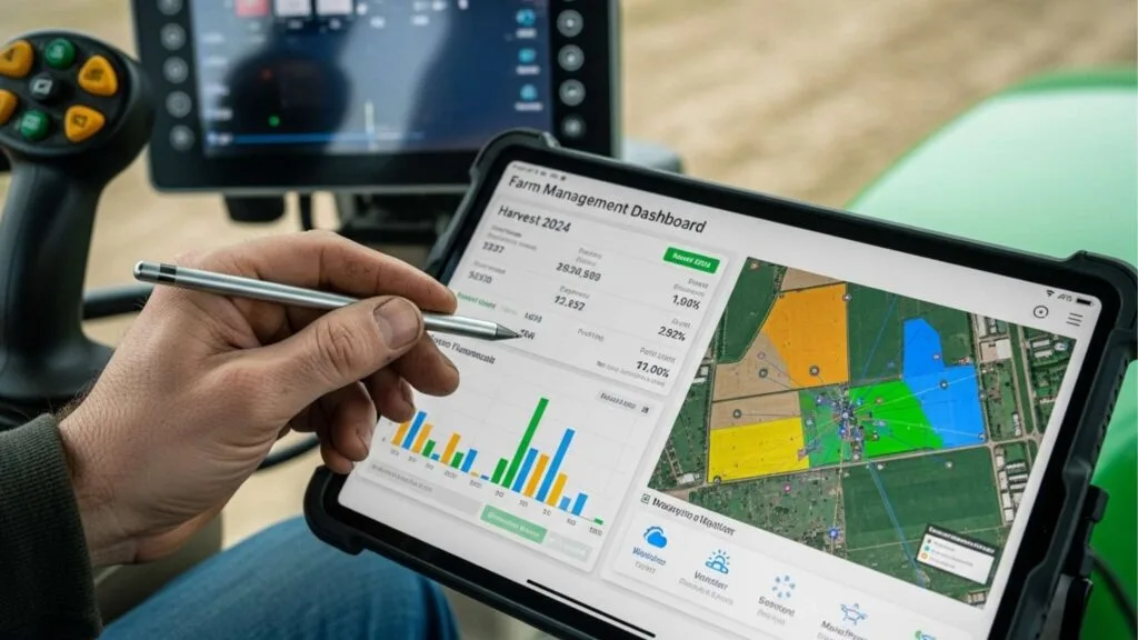 Close-up da mão de um gestor agrícola usando uma caneta stylus em um tablet, analisando um dashboard de gerenciamento de safra e mapas de talhões, de dentro da cabine de um trator.